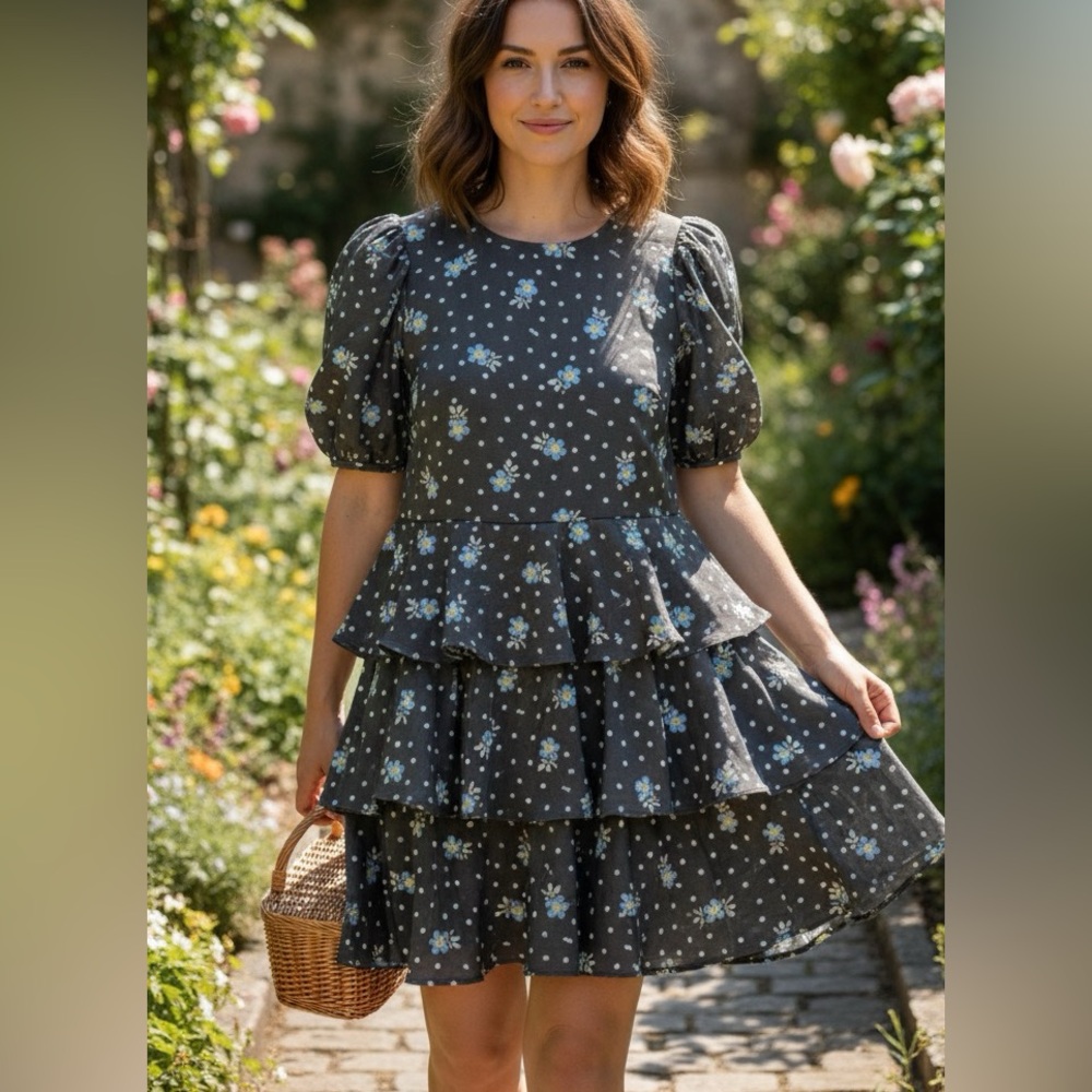 Sandy Liang x Target Puff Sleeve Ruffle Dress M Black Blue Floral Cottagecore